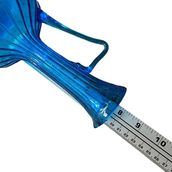 Vintage Rossini Empoli Glass Kingfisher Blue Pitcher Flower Vase Handle 60s MCM - Picture 9 of 9